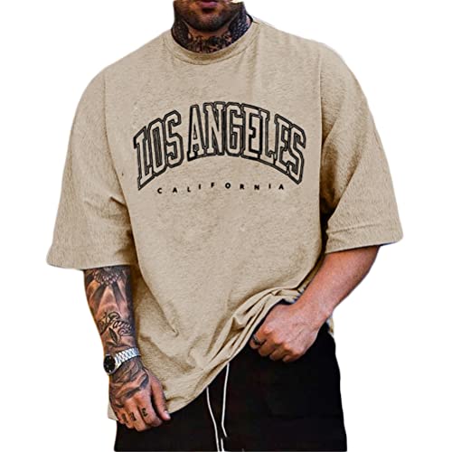 Minetom T-Shirt Herren Oversized T-Shirt Mit Überschnittenen Schultern Rundhals Kurzarm Sommer Vintage Drucken Bluse Streetwear Sport Oberteile Teenager Tunika Tops A Beige L von Minetom