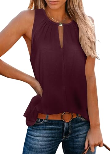 Minetom Tank Top Damen Oberteile Sommer V-Ausschnitt Ärmellos Blusentop Sexy Weste Shirt Strand Vest Top Bluse B Weinrot L von Minetom