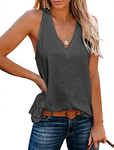 Minetom Tank Top Damen Oberteile Sommer V-Ausschnitt Ärmellos Blusentop Sexy Weste Shirt Strand Vest Top Bluse Basic Tunika Casual Lose Shirt C Dunkelgrau L von Minetom