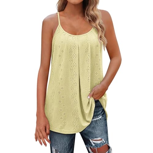Minetom Tank Top Damen Sommer Spaghetti Oberteile Longshirt Ärmellose Cami Blusen Shirt Falten Long Top Lang Bluse Summer A Gelb L von Minetom