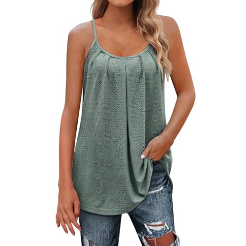 Minetom Tank Top Damen Sommer Spaghetti Oberteile Longshirt Ärmellose Cami Blusen Shirt Falten Long Top Lang Bluse Summer A Grün XL z von Minetom
