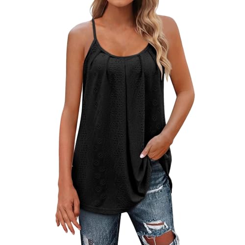 Minetom Tank Top Damen Sommer Spaghetti Oberteile Longshirt Ärmellose Cami Blusen Shirt Falten Long Top Lang Bluse Summer A Schwarz XXL von Minetom