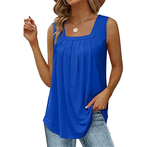 Minetom Tank Tops Damen Sommer Quadratischer Ausschnitt Ärmellose T Shirts Lockere Elegant Plissierte Oberteile Square Neck Basic Top Casual Sexy Weste Strand T-Shirt A Blau 3XL von Minetom