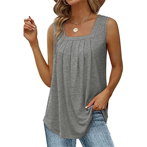 Minetom Tank Tops Damen Sommer Quadratischer Ausschnitt Ärmellose T Shirts Lockere Elegant Plissierte Oberteile Square Neck Basic Top Casual Sexy Weste Strand T-Shirt A Grau 3XL von Minetom