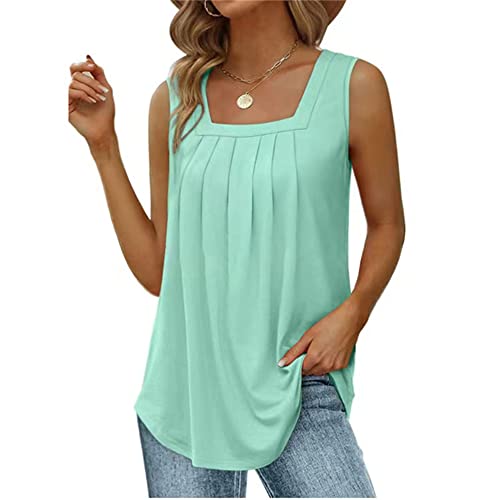 Minetom Tank Tops Damen Sommer Quadratischer Ausschnitt Ärmellose T Shirts Lockere Elegant Plissierte Oberteile Square Neck Basic Top Casual Sexy Weste Strand T-Shirt A Hellgrün 3XL von Minetom