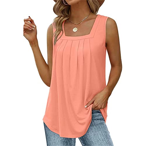 Minetom Tank Tops Damen Sommer Quadratischer Ausschnitt Ärmellose T Shirts Lockere Elegant Plissierte Oberteile Square Neck Basic Top Casual Sexy Weste Strand T-Shirt A Rosa 3XL von Minetom