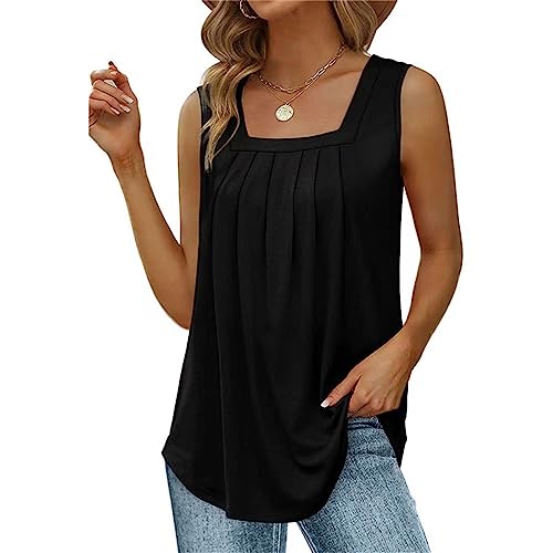 Minetom Tank Tops Damen Sommer Quadratischer Ausschnitt Ärmellose T Shirts Lockere Elegant Plissierte Oberteile Square Neck Basic Top Casual Sexy Weste Strand T-Shirt A Schwarz 3XL von Minetom