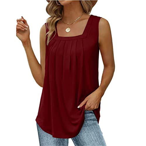 Minetom Tank Tops Damen Sommer Quadratischer Ausschnitt Ärmellose T Shirts Lockere Elegant Plissierte Oberteile Square Neck Basic Top Casual Sexy Weste Strand T-Shirt A Weinrot 3XL von Minetom