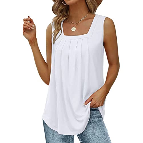 Minetom Tank Tops Damen Sommer Quadratischer Ausschnitt Ärmellose T Shirts Lockere Elegant Plissierte Oberteile Square Neck Basic Top Casual Sexy Weste Strand T-Shirt A Weiß 3XL von Minetom