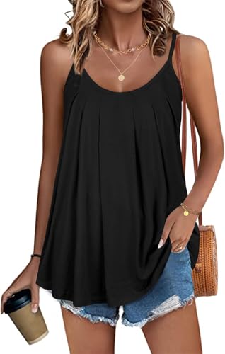 Minetom Tank Tops Damen Spaghetti Top Sommer Ärmellose Oberteile Bluse Falten Basic Shirt Sommer Strand Cami Bluse Lang Tops Lässiges A Schwarz XXL von Minetom