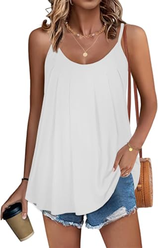 Minetom Tank Tops Damen Spaghetti Top Sommer Ärmellose Oberteile Bluse Falten Basic Shirt Sommer Strand Cami Bluse Lang Tops Lässiges A Weiß L von Minetom