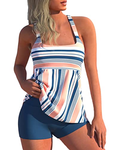 Minetom Tankini Damen Bauchweg Bademode Set Zweiteilig Badeanzug Strand Schwimmanzug Swimsuits Bikini Tank Top Shorts Oberteile Badeshorts D Blau L von Minetom