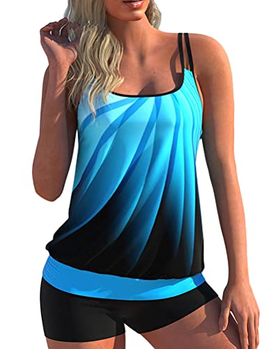 Minetom Tankini Damen Bauchweg Bademode Set Zweiteilig Badeanzug Strand Schwimmanzug Swimsuits Bikini Tank Top Shorts Oberteile und Badeshorts C Blau 3XL von Minetom