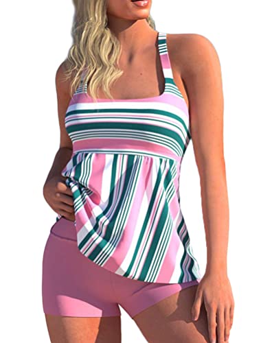 Minetom Tankini Damen Bauchweg Bademode Set Zweiteilig Badeanzug Strand Schwimmanzug Swimsuits Bikini Tank Top Shorts Oberteile und Badeshorts D Rosa XL von Minetom