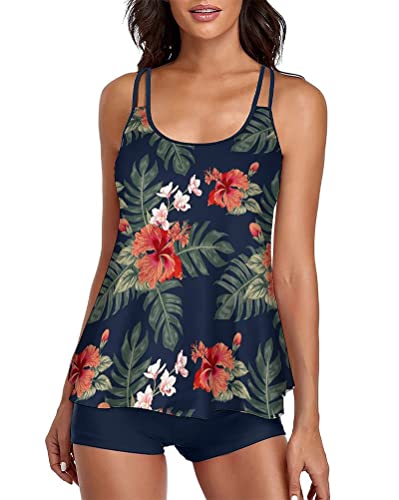 Minetom Tankini Damen Bauchweg Bademode Set Zweiteilig Badeanzug Strand Schwimmanzug Swimsuits Bikini Tank Top Shorts Oberteile und Badeshorts E Marine L von Minetom