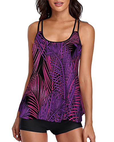 Minetom Tankini Damen Bauchweg Bademode Set Zweiteilig Badeanzug Strand Schwimmanzug Swimsuits Bikini Tank Top Shorts Oberteile und Badeshorts E Violett L von Minetom