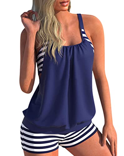 Minetom Tankini Damen Bauchweg Bademode Set Zweiteilig Badeanzug Strand Schwimmanzug Swimsuits Bikini Tank Top Shorts Oberteile und Badeshorts F Blau M von Minetom