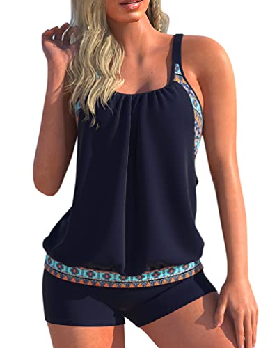 Minetom Tankini Damen Bauchweg Bademode Set Zweiteilig Badeanzug Strand Schwimmanzug Swimsuits Bikini Tank Top Shorts Oberteile und Badeshorts F Marine 3XL von Minetom