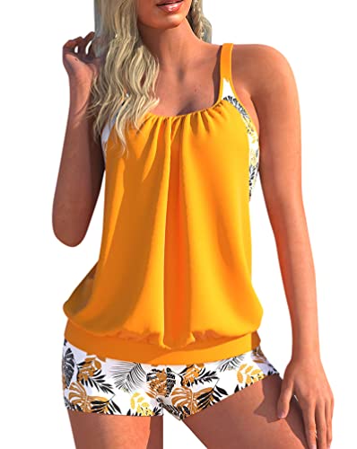 Minetom Tankini Damen Bauchweg Bademode Set Zweiteilig Badeanzug Strand Schwimmanzug Swimsuits Bikini Tank Top Shorts Oberteile und Badeshorts F Orange 3XL von Minetom