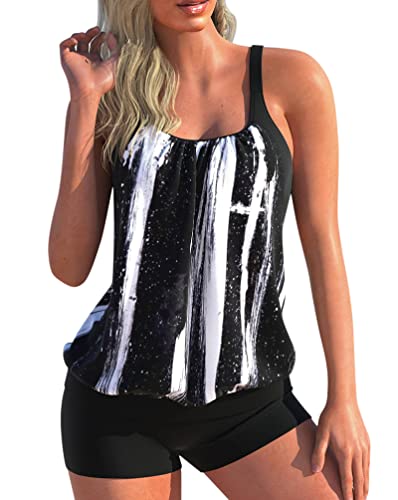 Minetom Tankini Damen Bauchweg Bademode Set Zweiteilig Badeanzug Strand Schwimmanzug Swimsuits Bikini Tank Top Shorts Oberteile und Badeshorts F Weiß L von Minetom