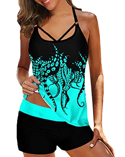 Minetom Tankini Damen Bauchweg Bademode Set Zweiteilig Einstellbarer Badeanzug Strand Schwimmanzug Swimsuits Bikini Tank Top und Shorts A Schwarz 1 XXL von Minetom