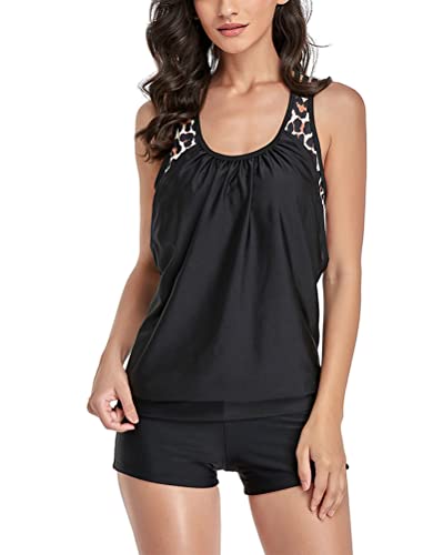 Minetom Tankini Damen Bauchweg Bademode Set Zweiteilig Einstellbarer Badeanzug Strand Schwimmanzug Swimsuits Bikini Tank Top und Shorts G Schwarz M von Minetom