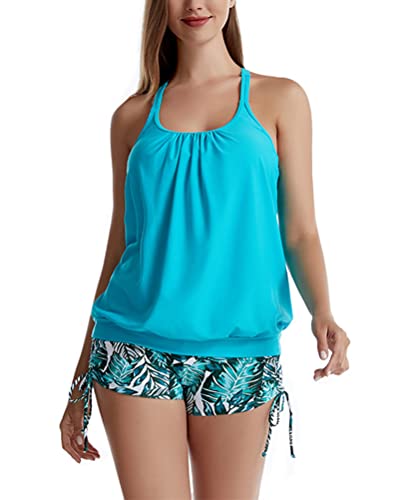 Minetom Tankini Damen Bauchweg Bademode Set Zweiteilig Einstellbarer Badeanzug Strand Schwimmanzug Swimsuits Bikini Tank Top und Shorts I Blau XL von Minetom