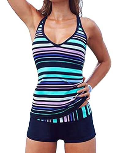 Minetom Tankini Damen Bauchweg Bademode Set Zweiteilig Einstellbarer Badeanzug Strand Schwimmanzug Swimsuits Streifen Große Größe Bikini Tank Top und Shorts D Blau XL von Minetom