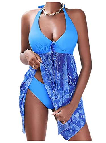 Minetom Tankini Damen Bauchweg Bademode Set Zweiteilig Push up Badeanzug Oberteil Bikini Set Strand Schwimmanzug C Blau XL von Minetom