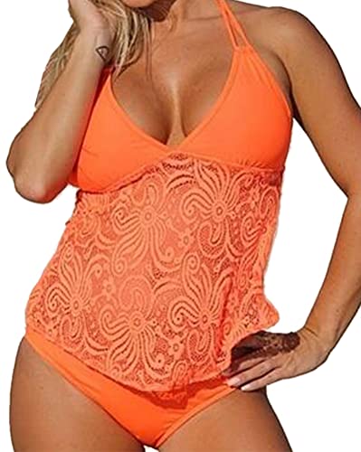 Minetom Tankini Damen Bauchweg Bademode Set Zweiteilig Push up Spitze mit Einstellbarer Badeanzug Bikini Set Strand Schwimmanzug Z3 Orange XXL von Minetom