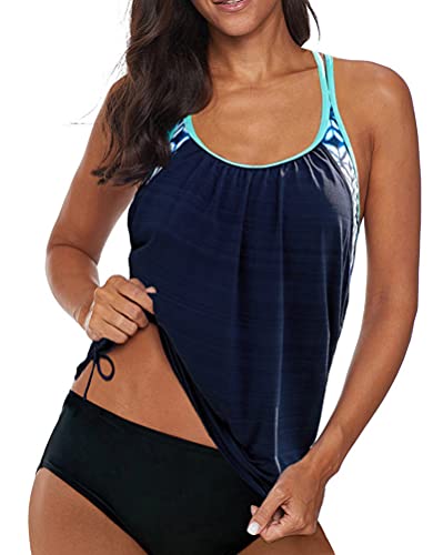 Minetom Tankini Damen Bauchweg Bademode Set Zweiteilig Push up mit Einstellbarer Badeanzug Bikini Set Strand Schwimmanzug Marine L von Minetom