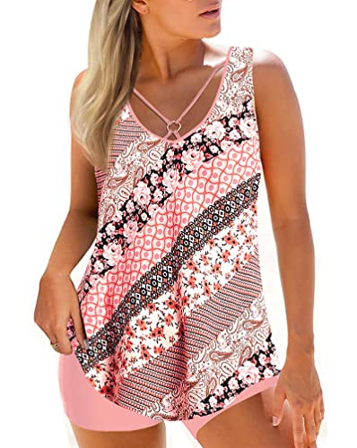 Minetom Tankini Damen Bauchweg Bademode Tankini Set Zweiteilig Badeanzug Strand Schwimmanzug Swimwear Bikini Tank Top Shorts Oberteile und Badeshorts A Rosa XL von Minetom