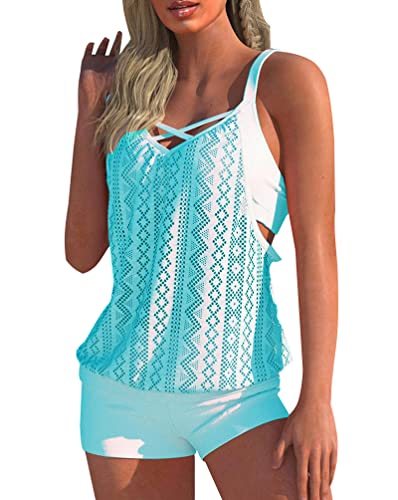 Minetom Tankini Damen Bauchweg Bademode Tankini Set Zweiteilig Badeanzug Strand Schwimmanzug Swimwear Bikini Tank Top Shorts Oberteile und Badeshorts E Blau M von Minetom