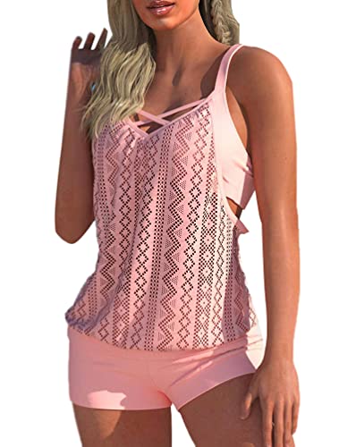 Minetom Tankini Damen Bauchweg Bademode Tankini Set Zweiteilig Badeanzug Strand Schwimmanzug Swimwear Bikini Tank Top Shorts Oberteile und Badeshorts E Rosa XS von Minetom