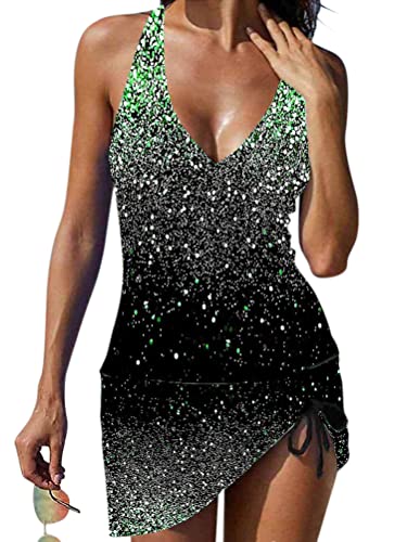 Minetom Tankini Damen Drucken Bauchweg Bademode Set Zweiteilig Einstellbarer Badeanzug Strand Schwimmanzug Swimsuits Bikini Tank Top Und Röcke A Grün L von Minetom