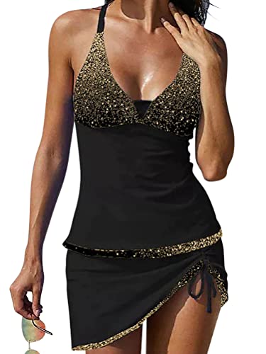 Minetom Tankini Damen Drucken Bauchweg Bademode Set Zweiteilig Einstellbarer Badeanzug Strand Schwimmanzug Swimsuits Bikini Tank Top Und Röcke C Gelb XL von Minetom