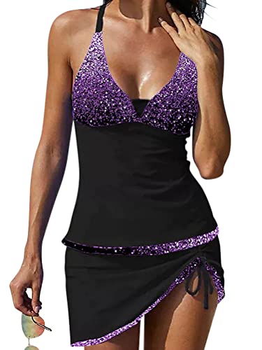 Minetom Tankini Damen Drucken Bauchweg Bademode Set Zweiteilig Einstellbarer Badeanzug Strand Schwimmanzug Swimsuits Bikini Tank Top Und Röcke C Violett S von Minetom