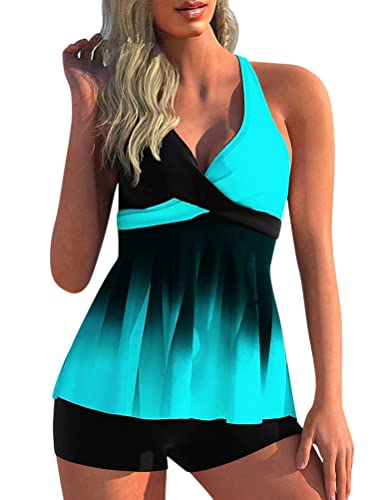 Minetom Tankini Damen Zweiteilig Badeanzug Bademoden Bauchweg Tankini Set Drucken Oberteile Und Badeshorts Badeanzug Beachwear Zweiteiler Mit Pads B Blau XL von Minetom