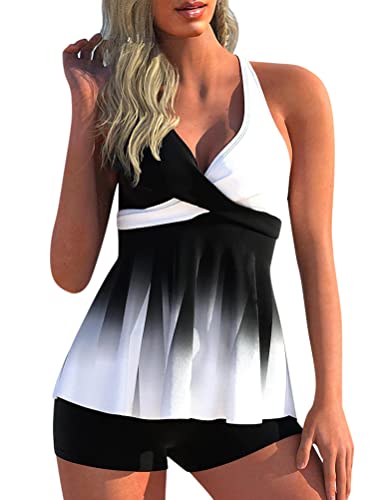 Minetom Tankini Damen Zweiteilig Badeanzug Bademoden Bauchweg Tankini Set Drucken Oberteile Und Badeshorts Badeanzug Beachwear Zweiteiler Mit Pads B Schwarz Weiß XL von Minetom