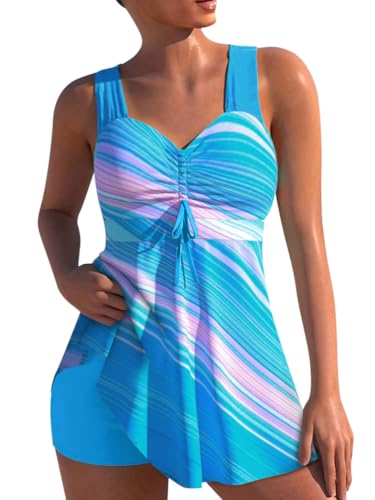 Minetom Tankini Damen Zweiteilig Badeanzug Bademoden Bauchweg Tankini Set Drucken Oberteile Und Badeshorts Badeanzug Beachwear Zweiteiler Mit Pads G Blau XXL von Minetom