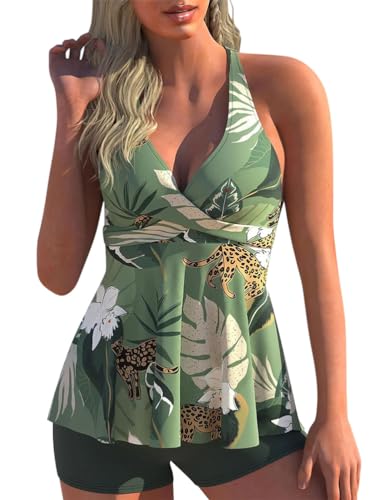 Minetom Tankini Damen Zweiteilig Badeanzug Bademoden Bauchweg Tankini Set Drucken Oberteile Und Badeshorts Badeanzug Beachwear Zweiteiler Mit Pads H Grün XL von Minetom