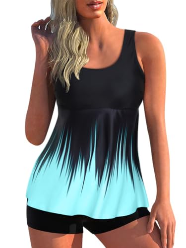 Minetom Tankini Damen Zweiteilig Badeanzug Bademoden Bauchweg Tankini Set Drucken Oberteile Und Badeshorts Badeanzug Beachwear Zweiteiler Mit Pads J Blau XL von Minetom