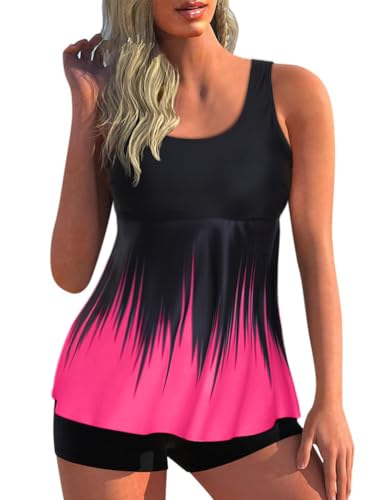 Minetom Tankini Damen Zweiteilig Badeanzug Bademoden Bauchweg Tankini Set Drucken Oberteile Und Badeshorts Badeanzug Beachwear Zweiteiler Mit Pads J Rot XXL von Minetom