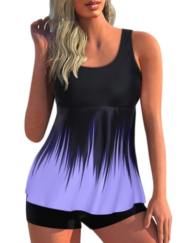 Minetom Tankini Damen Zweiteilig Badeanzug Bademoden Bauchweg Tankini Set Drucken Oberteile Und Badeshorts Badeanzug Beachwear Zweiteiler Mit Pads J Violett XL von Minetom