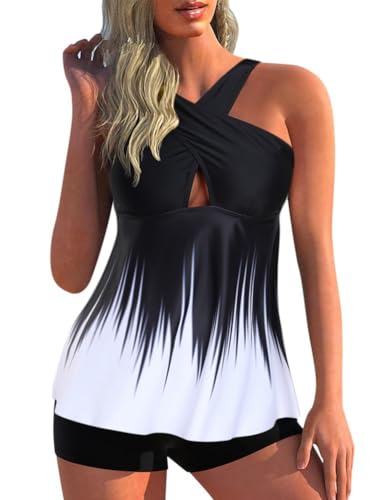Minetom Tankini Damen Zweiteilig Badeanzug Bademoden Bauchweg Tankini Set Drucken Oberteile Und Badeshorts Badeanzug Beachwear Zweiteiler Mit Pads K Weiß L von Minetom