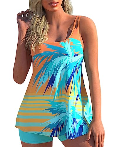 Minetom Tankini Set Damen Bauchweg Bademode Set Zweiteilig Badeanzug Druck Strand Schwimmanzug Swimsuits Bikini Tank Top Shorts Oberteile und Badeshorts A3 Orange XL von Minetom