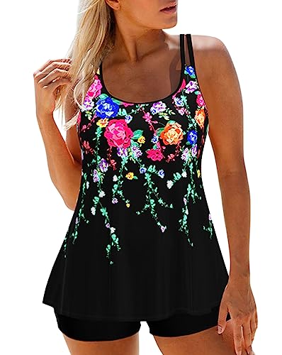 Minetom Tankini Set Damen Bauchweg Bademode Set Zweiteilig Badeanzug Druck Strand Schwimmanzug Swimsuits Bikini Tank Top Shorts Oberteile und Badeshorts A4 Rose XL von Minetom