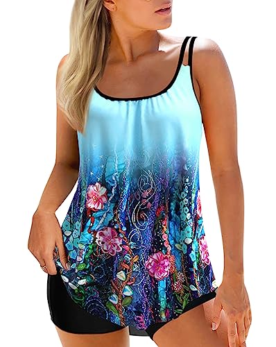 Minetom Tankini Set Damen Bauchweg Bademode Set Zweiteilig Badeanzug Druck Strand Schwimmanzug Swimsuits Bikini Tank Top Shorts Oberteile und Badeshorts A5 Rose 3XL von Minetom