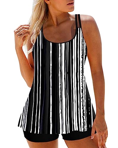 Minetom Tankini Set Damen Bauchweg Bademode Set Zweiteilig Badeanzug Druck Strand Schwimmanzug Swimsuits Bikini Tank Top Shorts Oberteile und Badeshorts A5 Schwarz L von Minetom