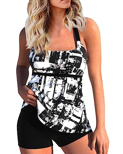 Minetom Tankini Set Damen Bauchweg Bademode Zweiteilig Badeanzug Große Größen Strand Schwimmanzug Swimsuits Bikini Tank Top Shorts Oberteile und Badeshorts A3 Schwarz XL von Minetom